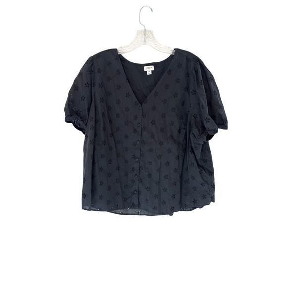 J.Crew Eyelet Button Front Shirt Black V-Neck Basic Short Sleeve Dressy Size XXL - Picture 3 of 12